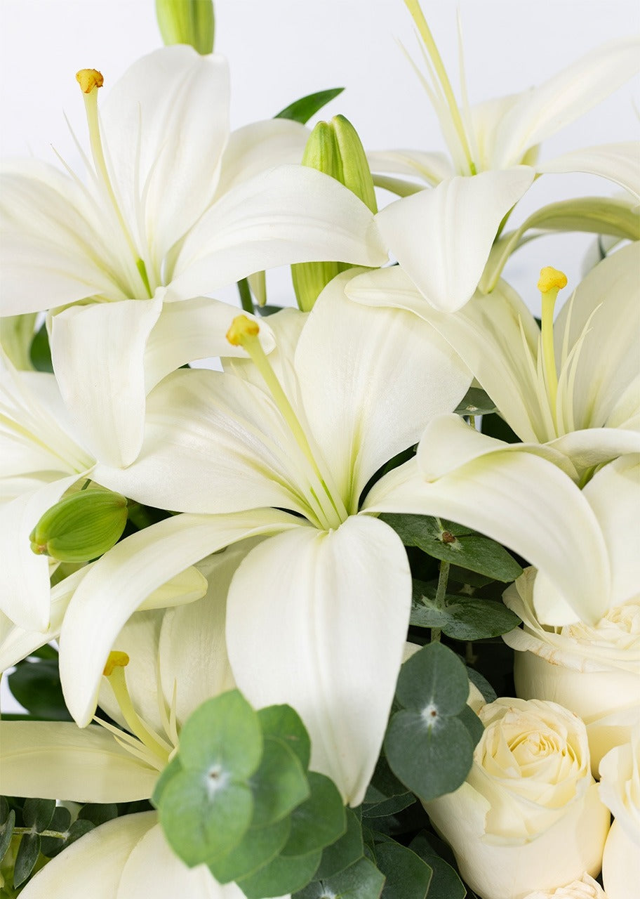 Arreglo de 24 Rosas y Lilys Blancas